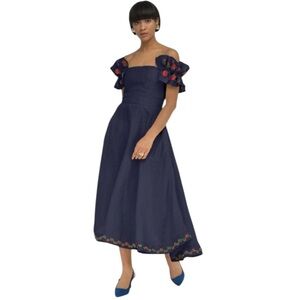 Fanm Mon Alanya On/Off-the-Shoulder Rose Embroidered Linen Midi Dress Indigo NWT